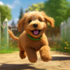 a goldendoodle puppy running in a dog park