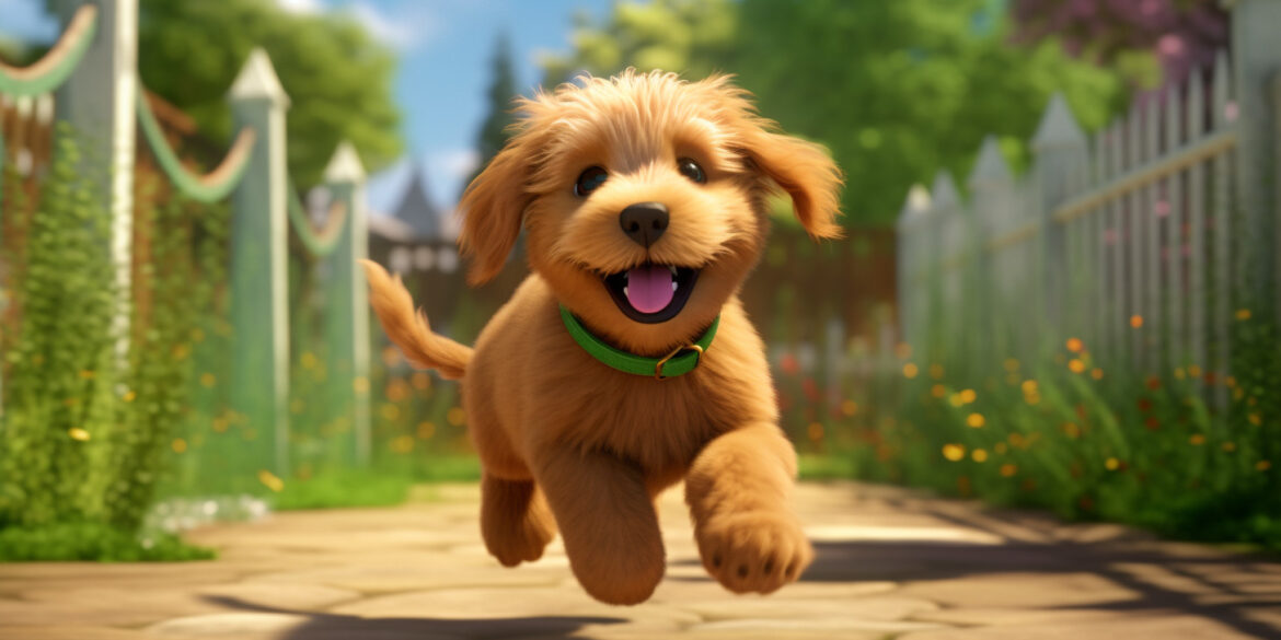 a goldendoodle puppy running in a dog park