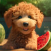 cute goldendoodle puppy eating a watermelon