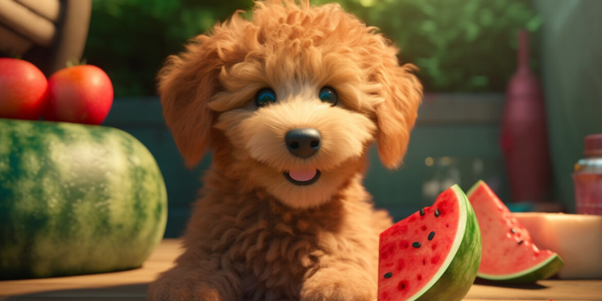 cute goldendoodle puppy eating a watermelon