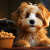 labradoodle puppy sitting and waiting for treat