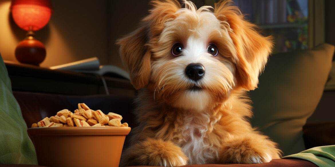labradoodle puppy sitting and waiting for treat