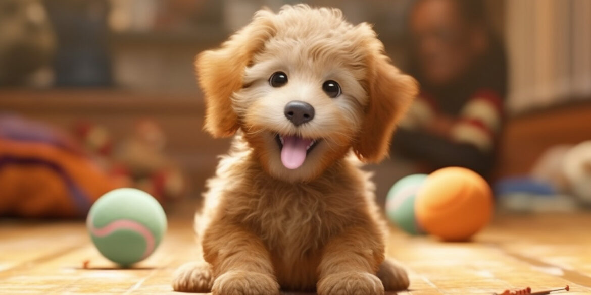 cute goldendoodle puppy playing with ball