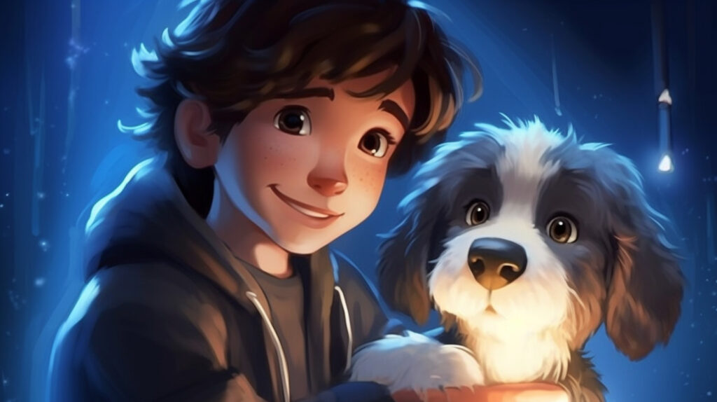 Cartoon image of boy and his Bernedoodles