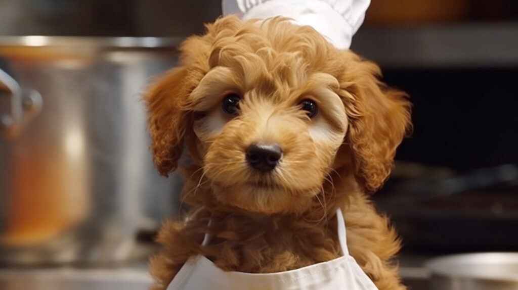 Goldendoodle puppy wearing chef outfit ready to bake treats for Goldendoodle puppies.
