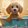 goldendoodle puppy in bathtub