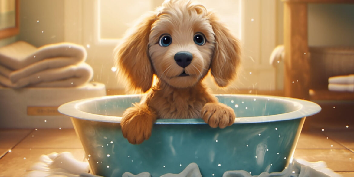 goldendoodle puppy in bathtub