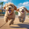 f1 goldendoodle puppy running in a dog park