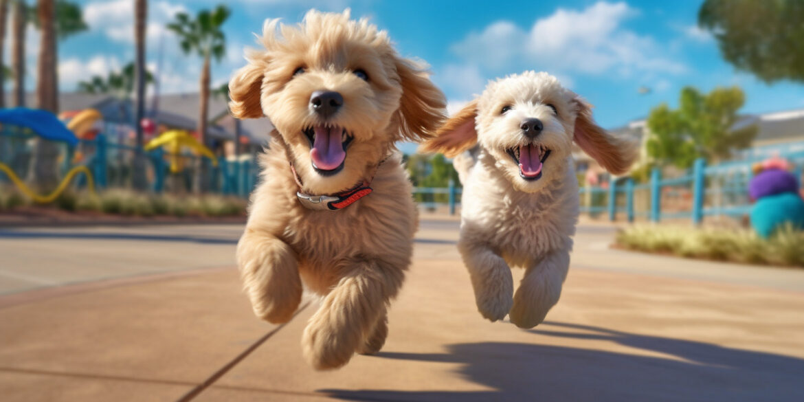 f1 goldendoodle puppy running in a dog park