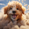 goldendoodle puppy rolling around in a cloud