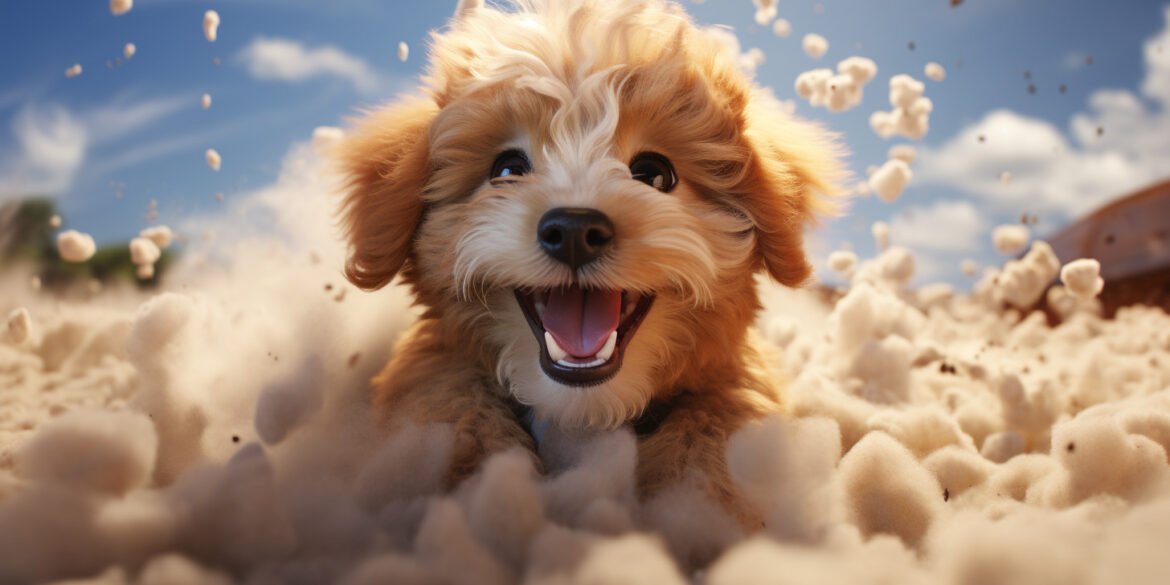 goldendoodle puppy rolling around in a cloud