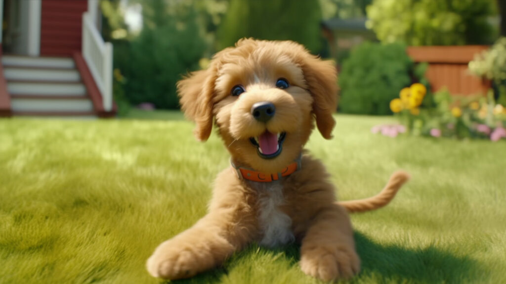 Are Mini Goldendoodles hypoallergenic? Puppy sitting on lawn, cute, cgi