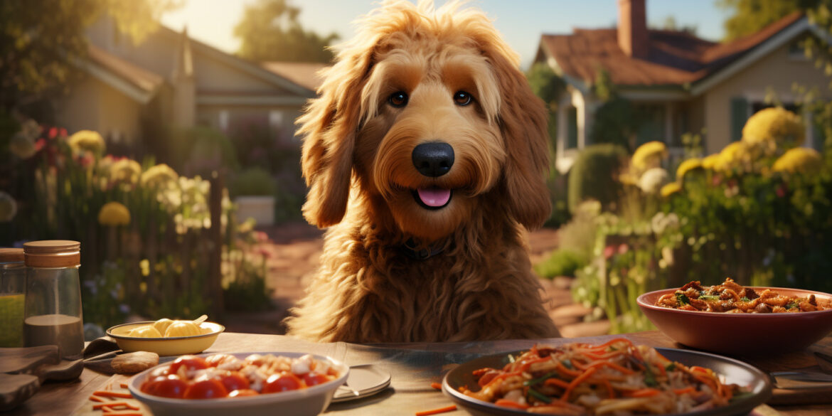older goldendoodle sitting on lawn