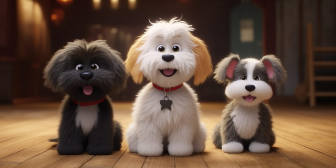 sheepadoodle puppy next to a maltipoo puppy 1