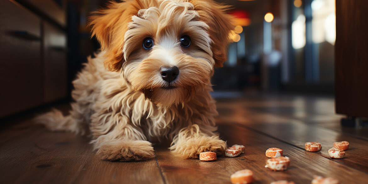 How to train a dog that doesn't like treats, image of mini Goldendoodle puppy refusing treat