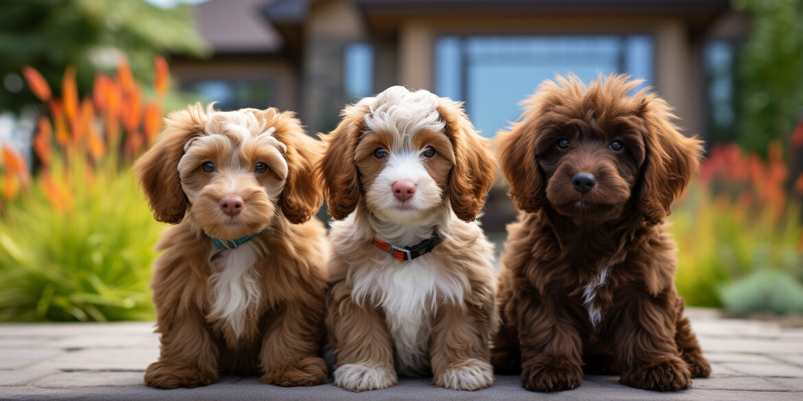 Doodle dog colors, a Labradoodle, Sheepadoodle, and Bernedoodle puppy sitting on sidewalk