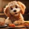 What human food can Goldendoodles eat, Goldendoodle sitting on kitchen counter with human foods