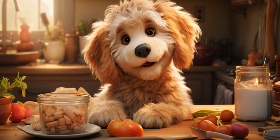 What human food can Goldendoodles eat, Goldendoodle sitting on kitchen counter with human foods
