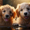 temperament of goldendoodles, two smiling Goldendoodle puppies