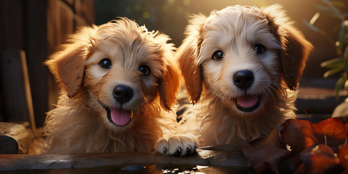temperament of goldendoodles, two smiling Goldendoodle puppies
