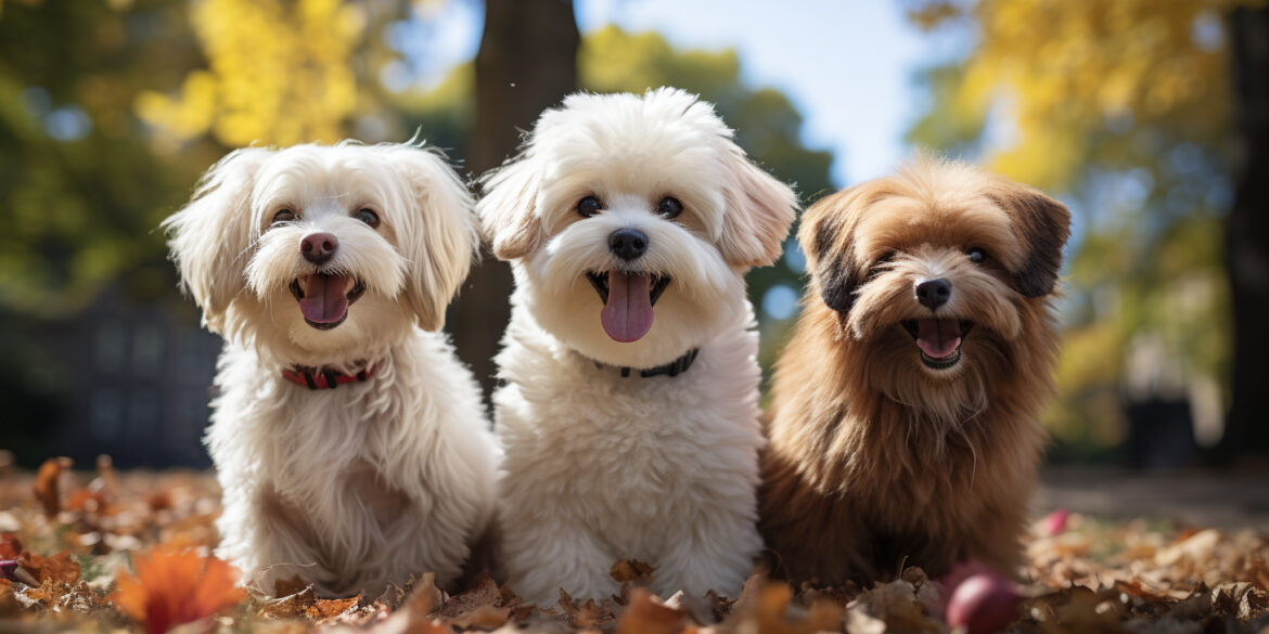 Poodle mix dogs sitting on the lawn