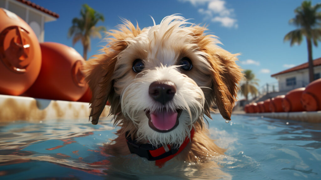 Labradoodle puppy swimming.